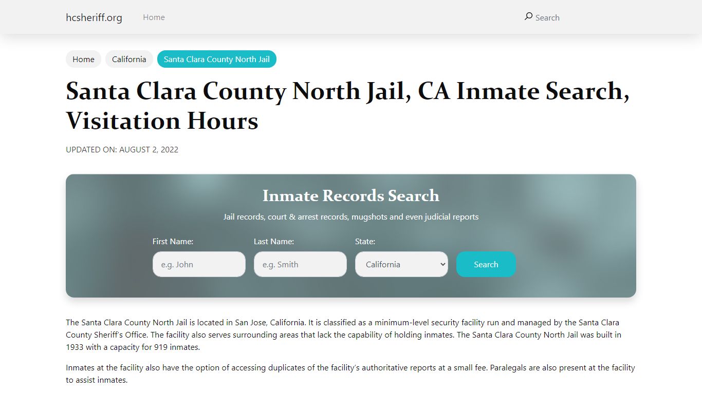 Santa Clara County North Jail, CA Inmate Search ...