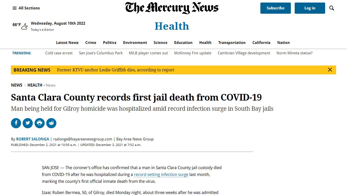 Santa Clara County records first jail death from COVID-19